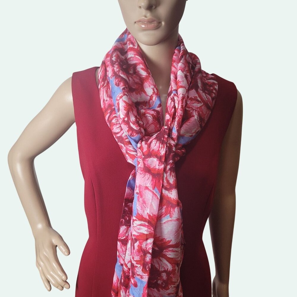 Floral Pattern Pink & Blue Lightweight Scarf Wrap For Women 72" Long x 26" Wide - Picture 7 of 16